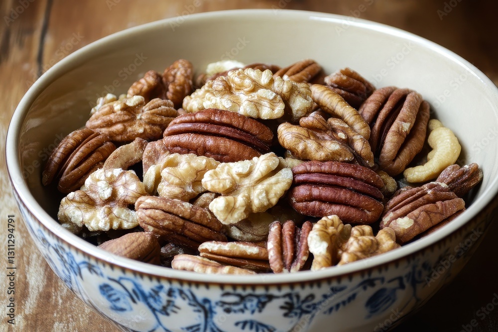 Delight in a warm bowl of mixed walnuts and pecans nestled against rustic wooden textures. Generative AI Delight in a warm bowl of mixed walnuts and pecans nestled against rustic wooden textures. Generative AI