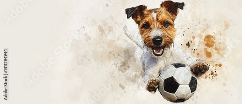 Playful Wire Fox Terrier Dog Joyfully Engages with a Bright Soccer Ball in a Lush Green Field Showcasing Its Energetic Spirit and Love for Outdoor Activities