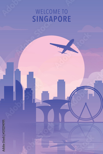 Welcome to Singapore. Gradient city poster, card with shapes of skyline, waterfront and airplane. Asia travel vector illustration, print, graphic
