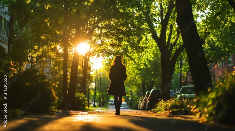 Fototapeta premium Woman with a timeless trench coat walking in an urban street lined with trees, modern yet eco-conscious style, bright natural lighting