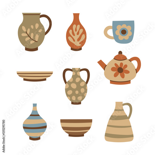 Pottery Elements Set. Hand drawn earthenware and crockery items collection. Clay vase pot Amphora bowl cup teapot plate jug flat vector illustration