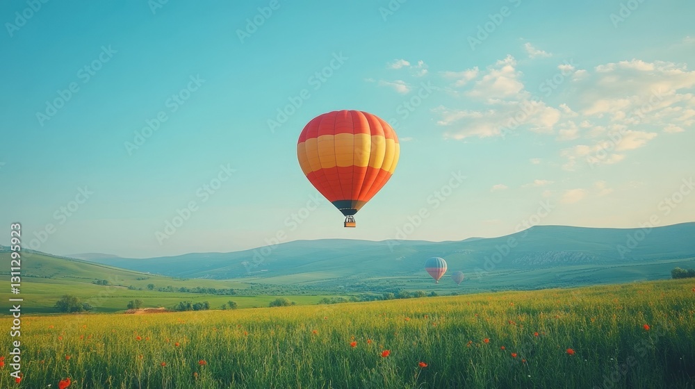Fototapeta premium Scenic view of hot air balloons floating over green pastures and farmland, vibrant natural colors, clear blue sky, serene and picturesque