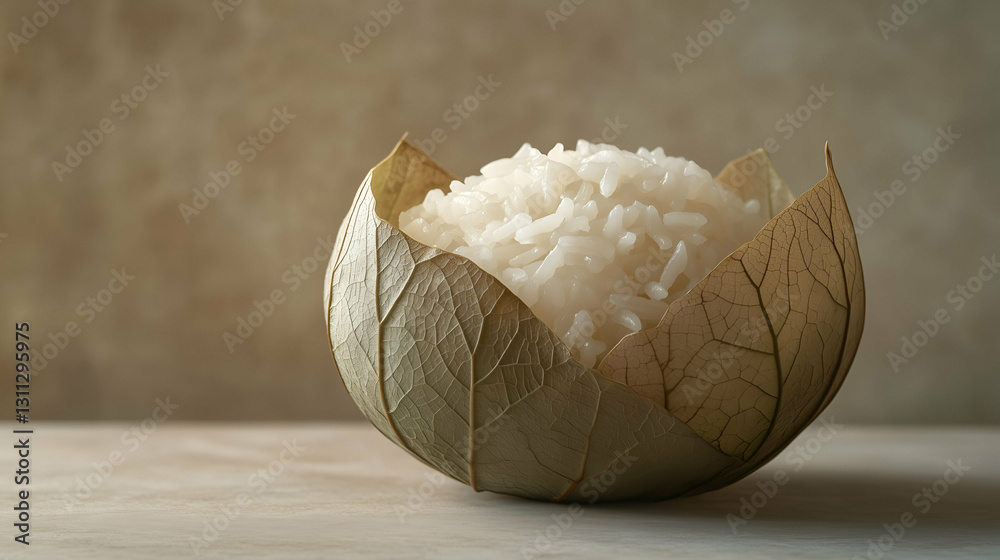Steamed rice in a dried leaf