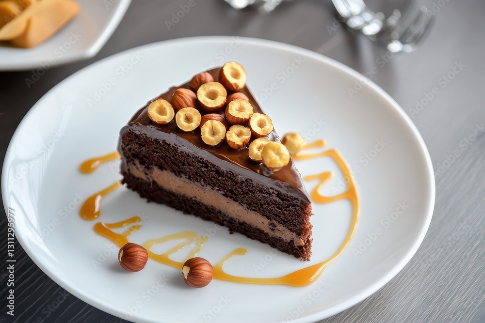 Indulging in a decadent chocolate cake slice topped with hazelnuts and caramel sauce for a delightful dessert experience. Generative AI Indulging in a decadent chocolate cake slice topped with hazelnuts and caramel sauce for a delightful dessert experience. Generative AI