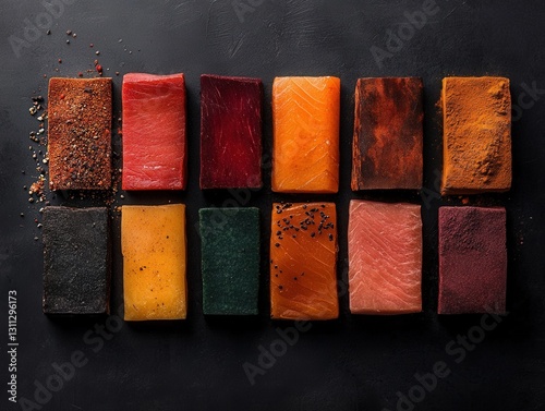 Assorted cured fish fillets with colorful spice coatings on a dark background.