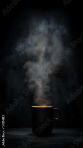 Steaming black coffee in a dark mug with moody lighting and textured background.