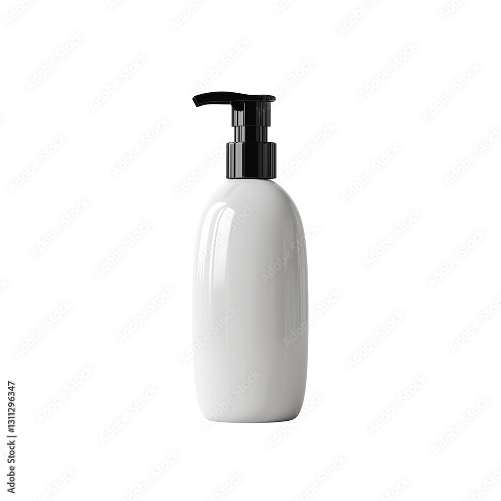 A sleek, white pump bottle designed for dispensing liquid products, featuring a black pump top for easy application. A sleek, white pump bottle designed for dispensing liquid products, featuring a black pump top for easy application.