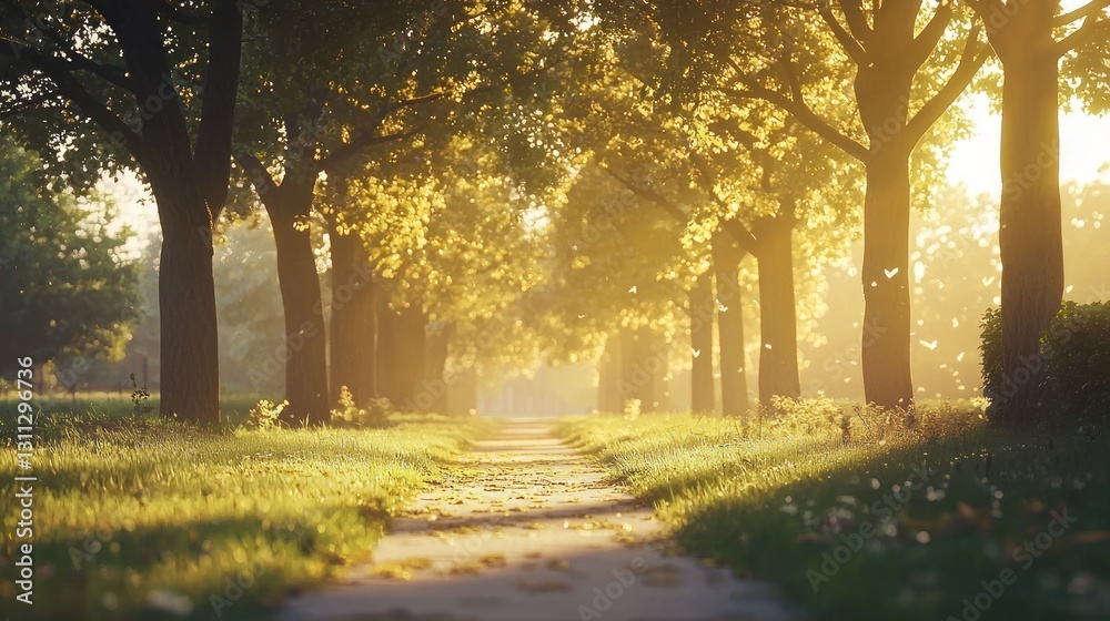 Fototapeta premium Sunlit path through lush green trees.