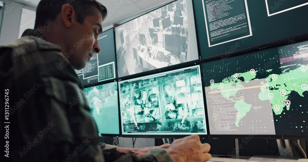 Army, man and computer screen for military safety, battle location and monitoring war. Soldier, spy feedback and global surveillance with satellite warning, government protection and secret services