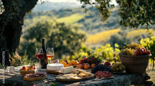 Scenic view of a Ferragosto picnic setup with fresh fruit, cheese, and wine on a rustic table, soft natural lighting, festive and inviting