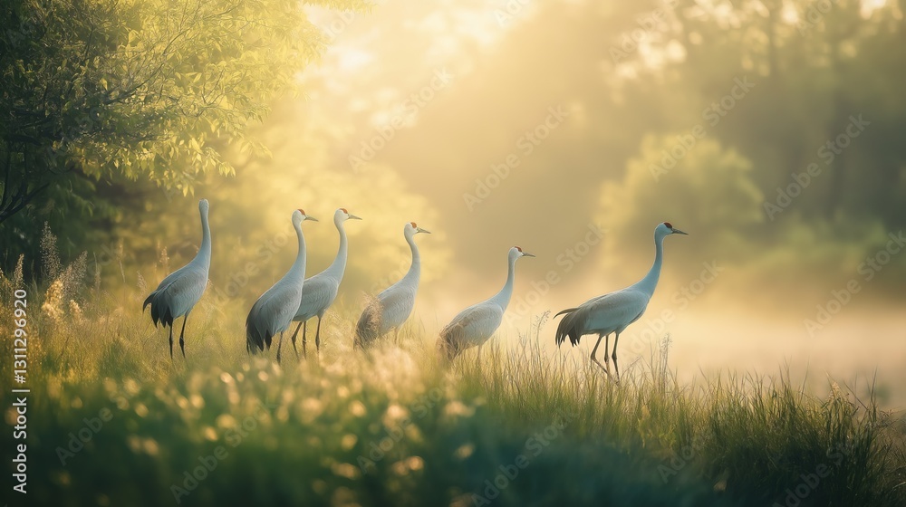 Fototapeta premium Group of sandhill cranes in the morning light.