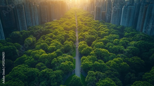 Aerial view of a green park pathway surrounded by tall skyscrapers at sunset with sunlight shining through the trees. Generative AI photo