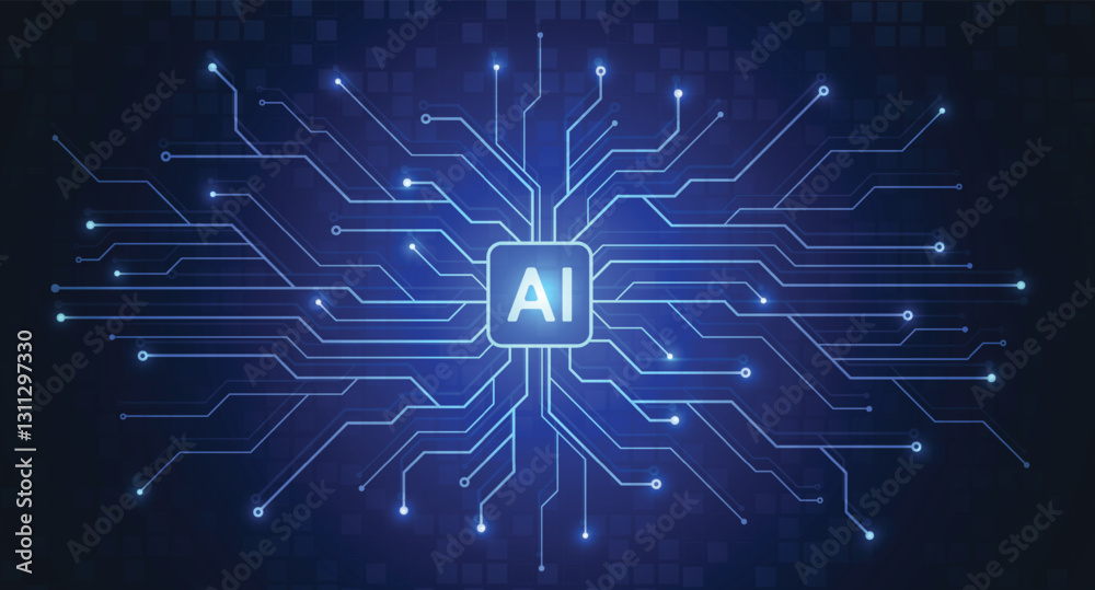 Artificial intelligence chipset on circuit board in futuristic concept technology artwork for web, banner, card, cover. Vector illustration