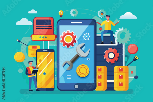 A vibrant illustration showcases phone maintenance with tools and gears, highlighting the repair process, Phone maintenance Customizable Flat Illustration