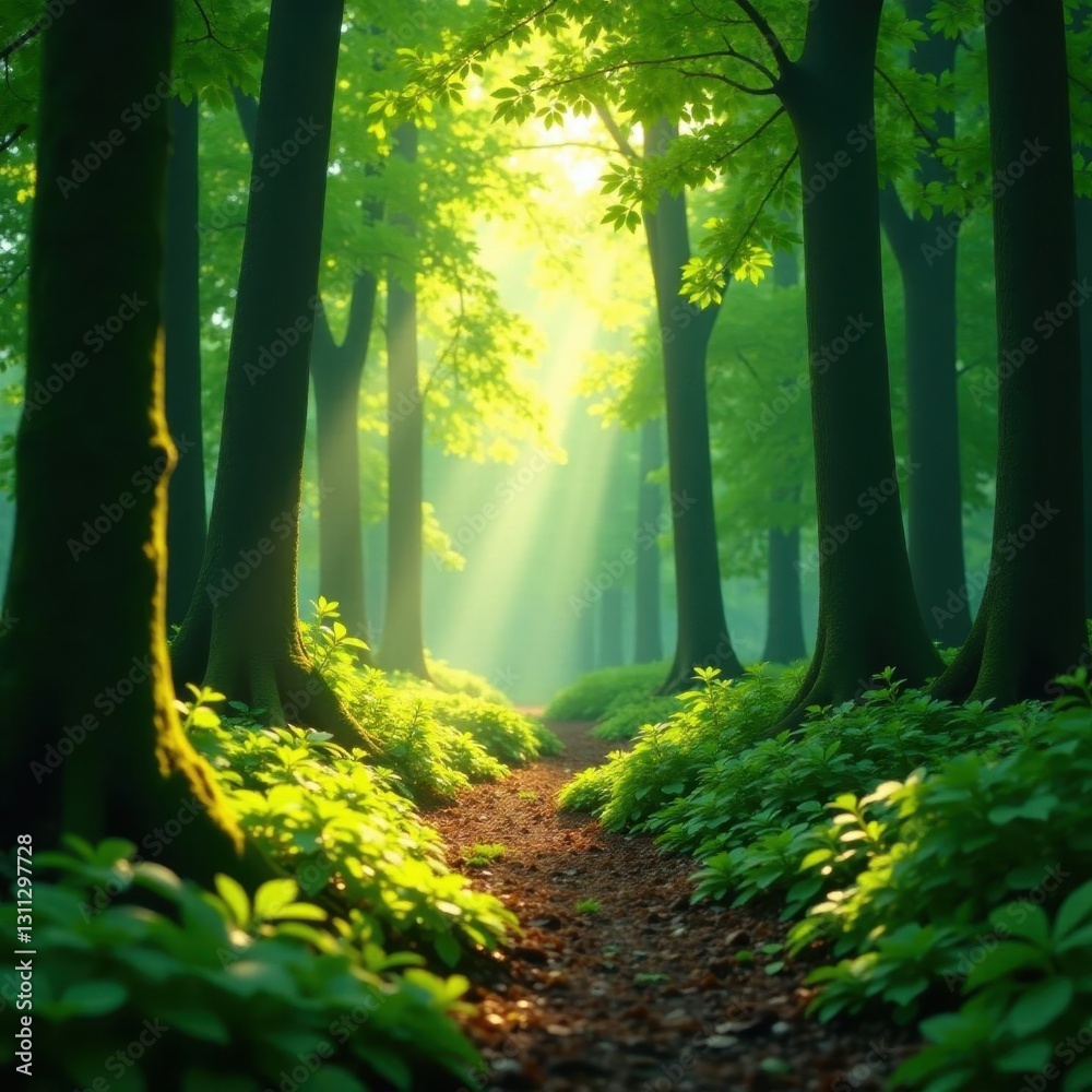 Fototapeta premium Emerald green undergrowth bathed in warm sunlight, shafts of light illuminating the forest path, shadows, woods, path