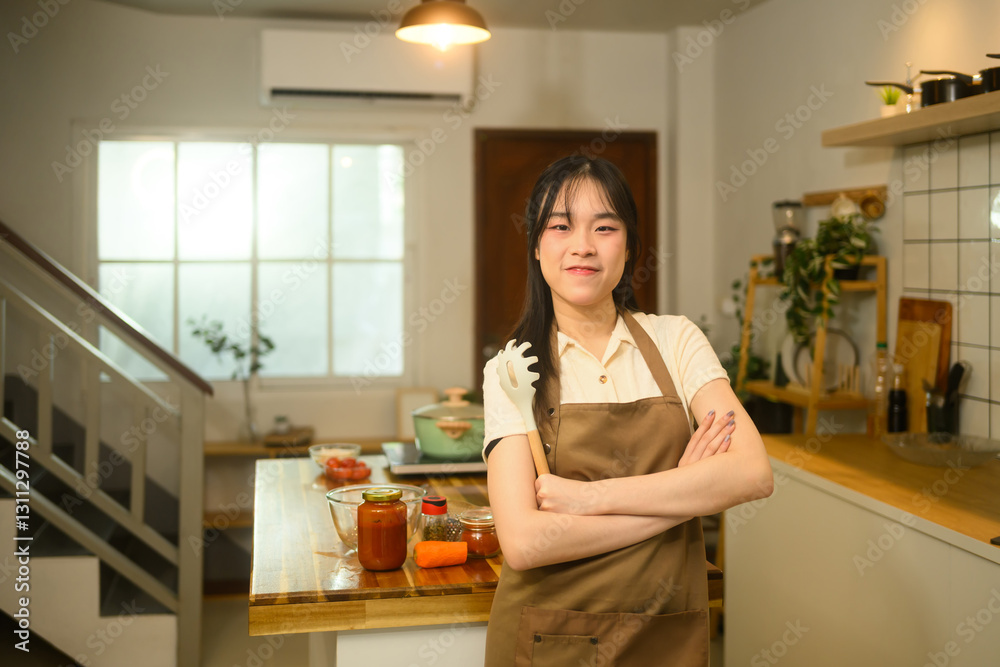 Confident woman standing proudly in her cozy kitchen, ready to cook a delicious spaghetti meal Confident woman standing proudly in her cozy kitchen, ready to cook a delicious spaghetti meal