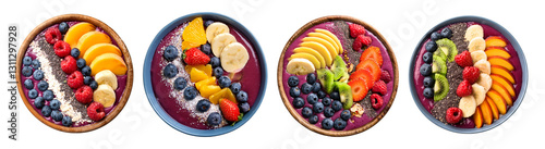 Vibrant smoothie bowls topped with fresh fruit and berries in beautiful arrangements.