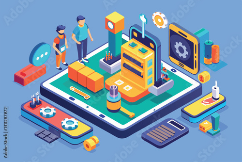 Two individuals explore customizable tools for phone maintenance in a vibrant isometric setting, Phone maintenance Customizable Isometric Illustration