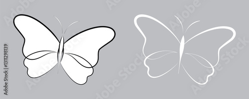 Hand draw butterfly. Black butterfly silhouette with white linear, without background. Vector illustration. EPS 10.