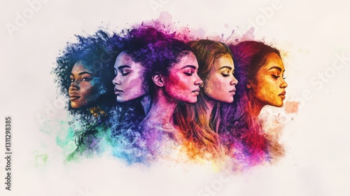 A vibrant portrayal of five women, each with unique appearances and hairstyles