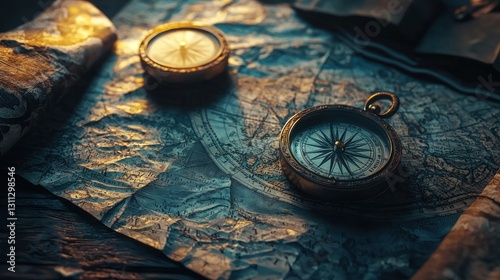 Antique compasses on aged world map.