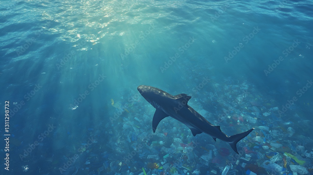 Fototapeta premium A giant shark swims through an ocean filled with plastic waste. Generative AI