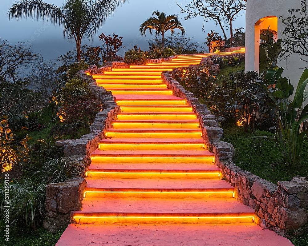 Fototapeta premium Illuminated Steps, Tropical Garden Ascent