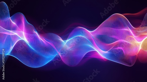 Abstract glowing neon waves, vibrant pink and blue hues. Ideal for tech, music, or energy themes, adds futuristic feel.
