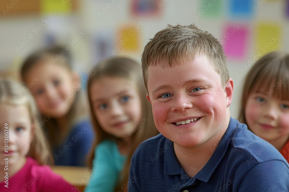 Obraz premium Happy child with Down syndrome in a school setting