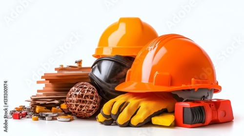 Protective hard hat and safety gloves isolated on white background with other construction accessories. Generative AI photo