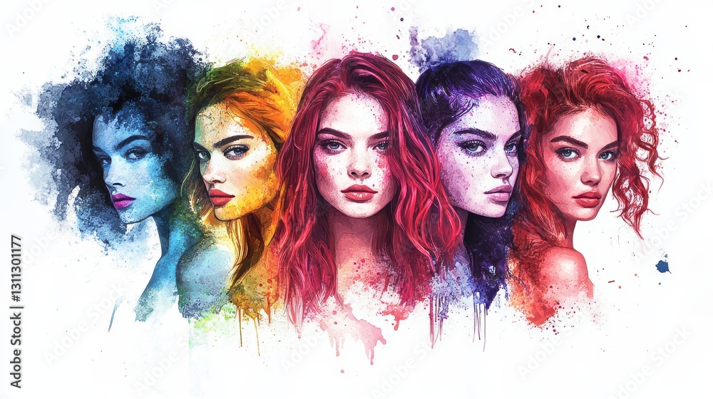 Obraz premium A vibrant portrayal of five women, each with unique features and hairstyles