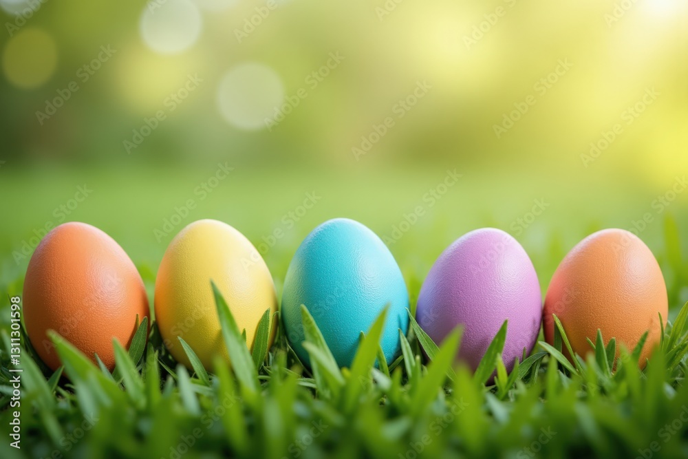 Colorful Easter Eggs Positioned on Lush Green Grass in a Sunny Outdoor Setting, Perfect for Spring Celebrations and Festivities Colorful Easter Eggs Positioned on Lush Green Grass in a Sunny Outdoor Setting, Perfect for Spring Celebrations and Festivities