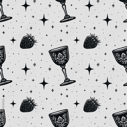 Seamless pattern with vintage wine glasses strawberries stars on white background romantic celebration elegant night luxury restaurant wedding decor textile wallpaper wrapping paper trendy