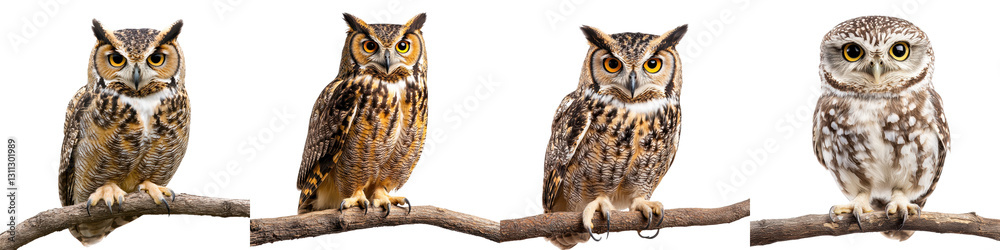 Fototapeta premium Collection of Majestic Owls Perched on Tree Branches in Their Natural Forest Habitat Showcasing the Elegant and Powerful Beauty of These Nocturnal Predators
