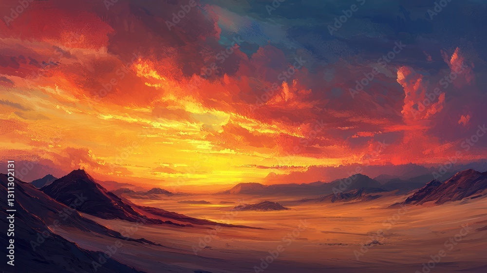 Fototapeta premium Fiery sunset over a vast desert landscape with mountains.