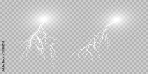 Lightning set. Thunderstorm and lightning. Magic and bright light effects. Vector illustration