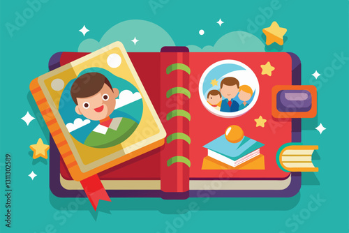 Explore a vibrant, customizable photo album showcasing illustrations and spaces for personal photos, Photo album Customizable Disproportionate Illustration