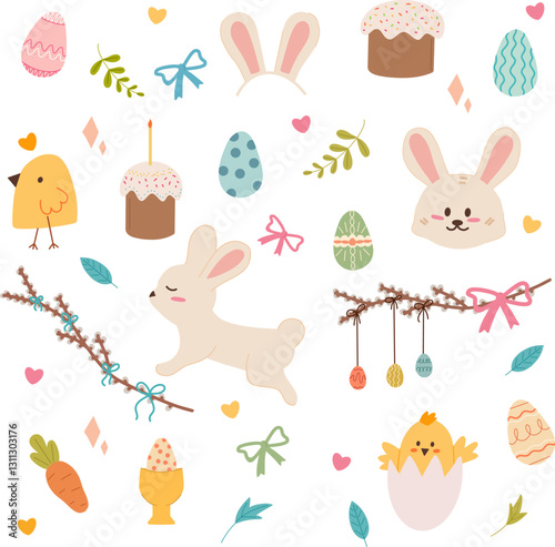 Easter set featuring bunnies, chicks, decorated eggs, festive cakes, carrots, ribbons, and branches arranged on a light background. Suitable for greeting cards, invitations, prints, packaging, and hol