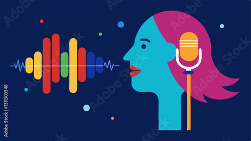 Voice Authentication A silhouette of a person speaking into a microphone with sound waves illustrated in colorful lines emanating from their mouth. The microphone has a digital