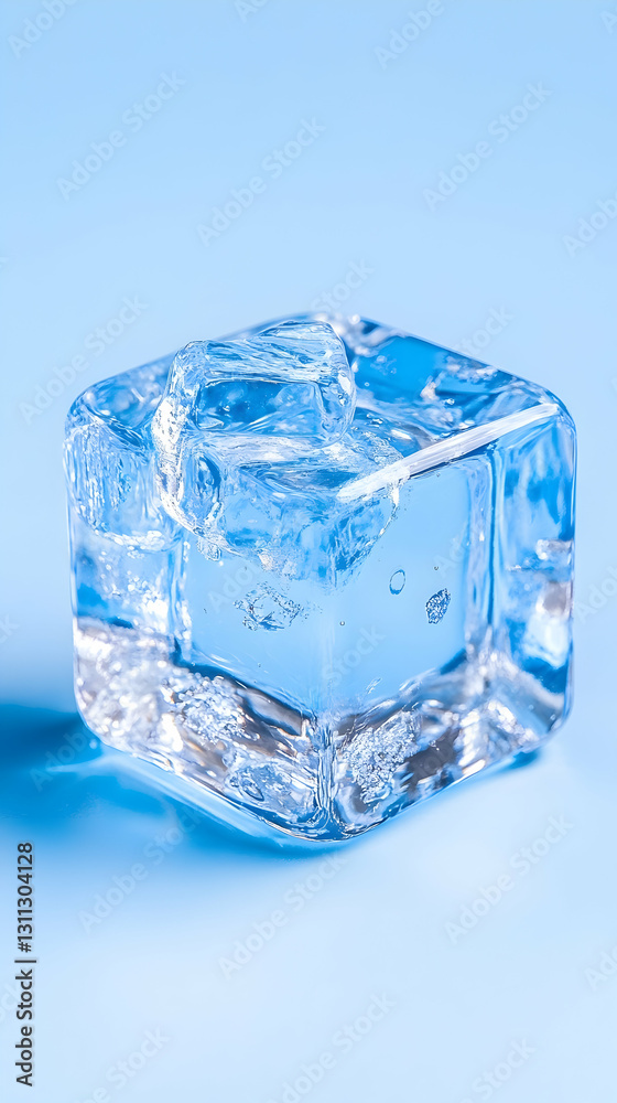 Melting ice cube casting shadow on light blue background Melting ice cube casting shadow on light blue background