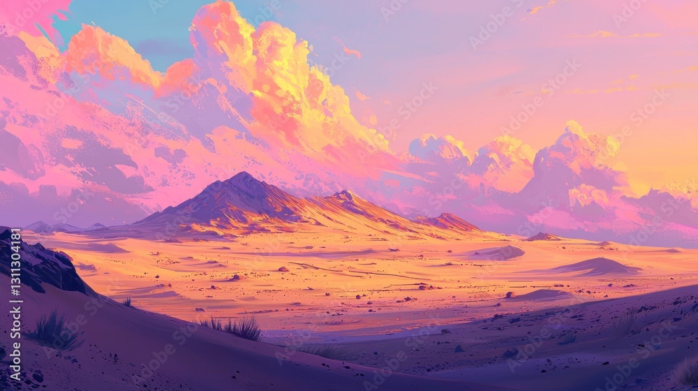 Naklejka premium Vibrant sunset over a desert landscape with majestic mountains.