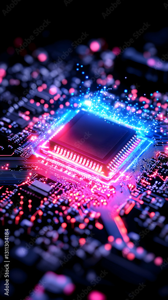 Obraz premium Microchip glowing red and blue on circuit board in a dark blurry background
