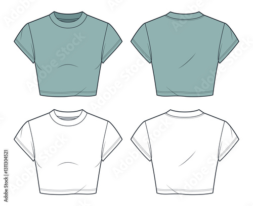 Cropped T-Shirt with Cap Sleeves technical fashion illustration. Crop Top fashion flat technical drawing template, round neck, slim fit, front, back view, white, green, women, men, unisex CAD mockup.