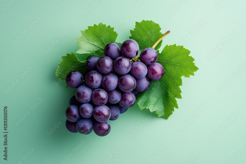Fototapeta premium A bunch of purple grapes with green leaves displayed on green