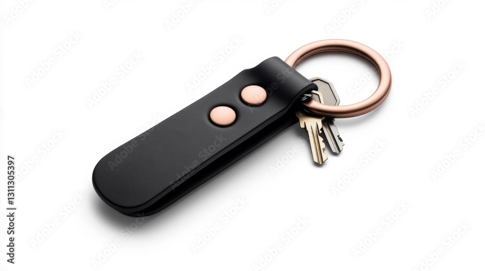 A close-up of a black leather keychain with gold accents and keys isolated on a white background. Generative AI A close-up of a black leather keychain with gold accents and keys isolated on a white background. Generative AI