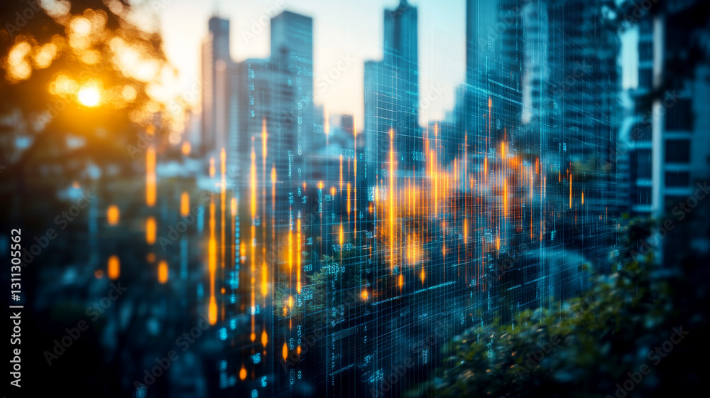 Obraz premium Urban Skyline With Digital Data Visualization at Sunset