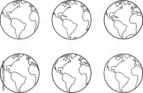 set of globe with earth line art, black outline, vector and illustration, coloring book page line art drawing