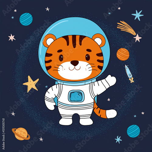 Cartoon illustration of tiger astronaut in space
