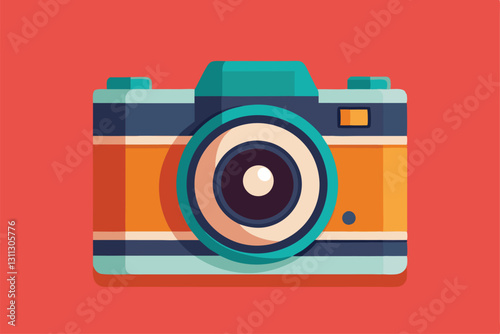 A flat design of a bright and colorful camera, showcasing a playful and modern aesthetic, photo camera vector flat minimalistic isolated illustration