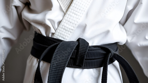 Belt on a white shirt that is tied to a black belt, judo uniform